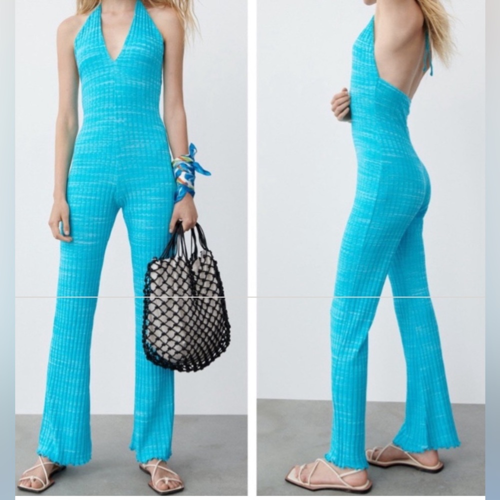 ZARA Turquoise Blue Ribbed Cotton Blend Jumpsuit size medium